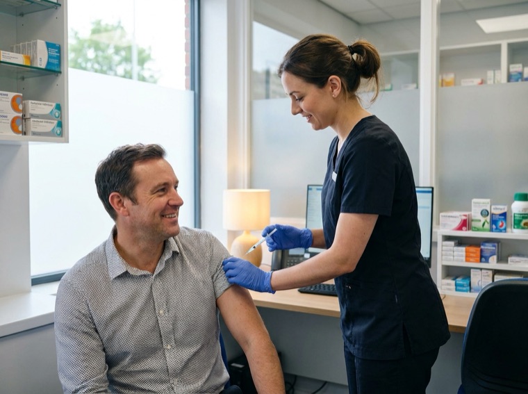 A pharmacist administering a vitamin B12 injection to a patient at Crewe Pharmacy