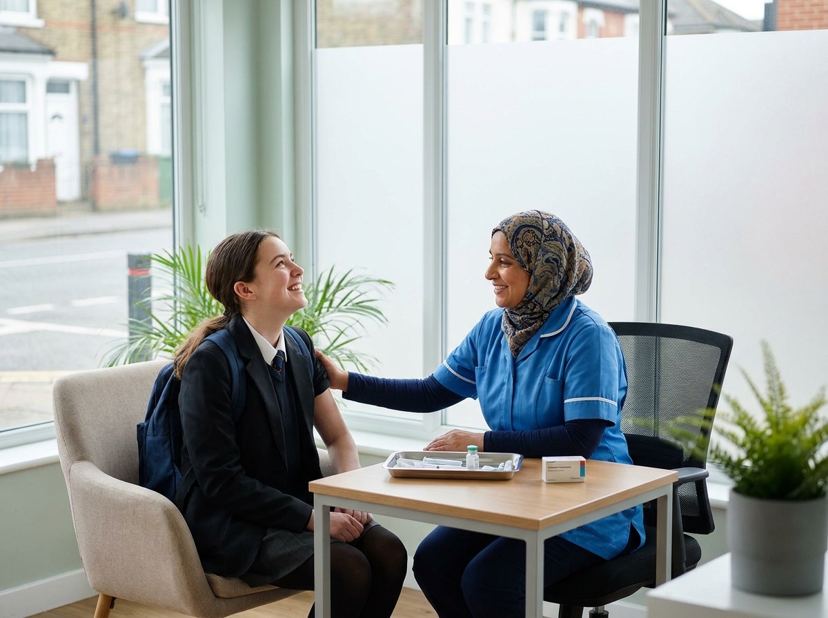 A pharmacist reassuring a teenage student before a meningitis B vaccination at Crewe Pharmacy