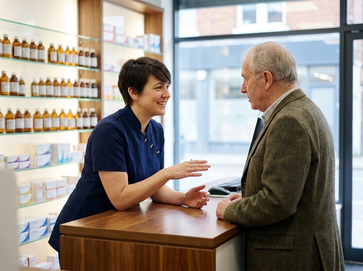 A pharmacist advising a patient about an NHS Pharmacy First service at Crewe Pharmacy
