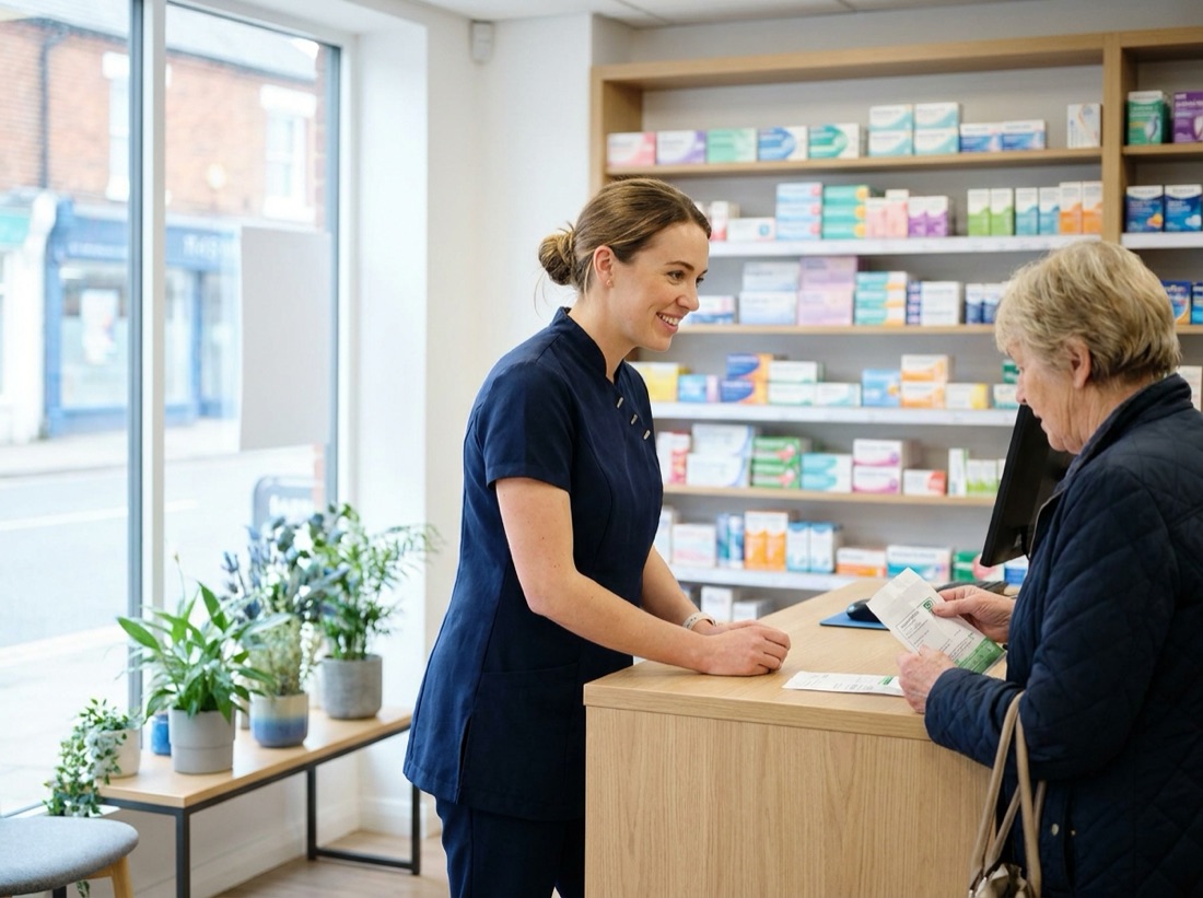 A pharmacist at Crewe Pharmacy on Nantwich Road helping a customer at the medicines counter