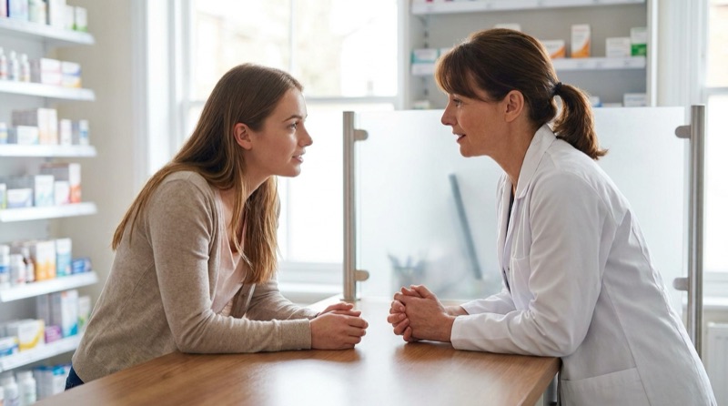 A discreet private consultation between a pharmacist and a patient
