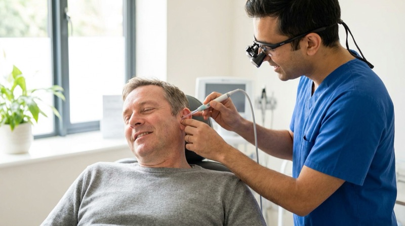A clinician performing gentle ear wax microsuction on a calm patient