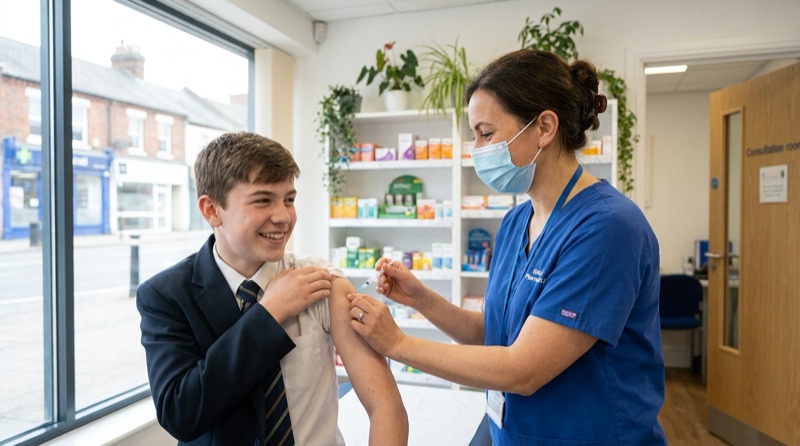 A pharmacist giving a meningitis B vaccination to a teenage student