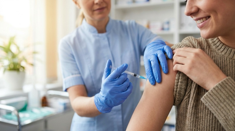 A pharmacist giving a travel vaccination into a patient's arm