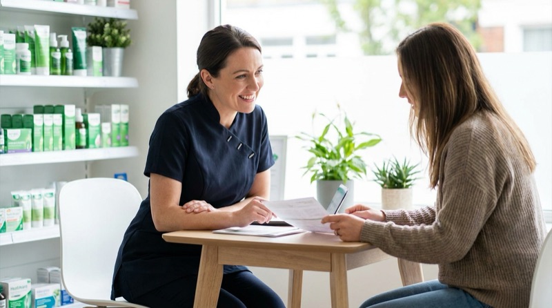 A pharmacist having a supportive weight management consultation with a client